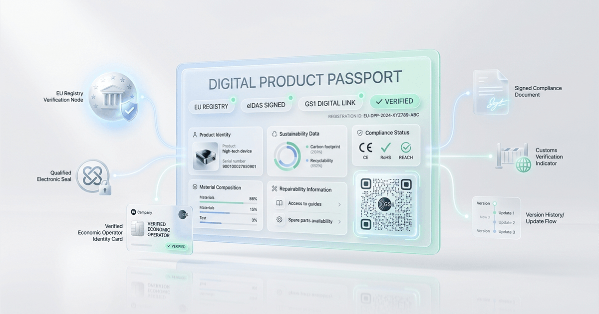 fluxy_one's tweet photo. The EU Digital Product Passport registry opens July 19, 2026. Without a verified, eIDAS-sealed DPP, your goods won't clear EU customs.

Read our complete 7-step guide to secure your data, choose the right platform, and maintain market access.

#DPP #EUCompliance #FluxyOne https://t.co/FLGRUjz2Dg