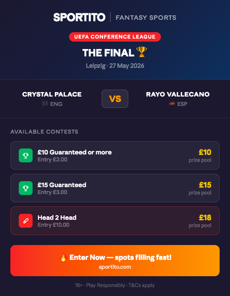 SportitoDFS's tweet photo. 🏆 THE CONFERENCE LEAGUE FINAL IS HERE! 🏆 
Join now at https://t.co/uIp8wE2mxD  #ConferenceLeague #UEFAConferenceLeague #CrystalPalace #RayoVallecano #FantasyFootball #Sportito #Leipzig2026 #FantasySports #WinCash https://t.co/XSM20ZKHSz