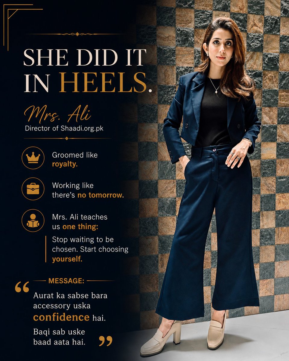 ShaadiOrgPk's tweet photo. She didn’t wait for opportunities she created them.

Aurat ka sabse bara accessory uska confidence hota hai aur wahi uski asli strength hai.

https://t.co/UsSwfVImv9
UAN: 111 786 300 

#MrsAli #ShaadiOrgPK #WomenInLeadership #Confidence #BossLady #WomenEmpowerment #SuccessMindset https://t.co/TxeQxroTQO