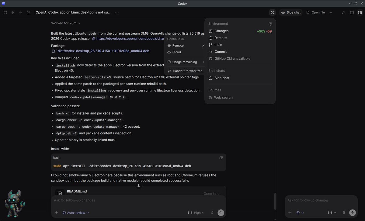 Got the latest Codex 26.519 running on Linux. Everything works