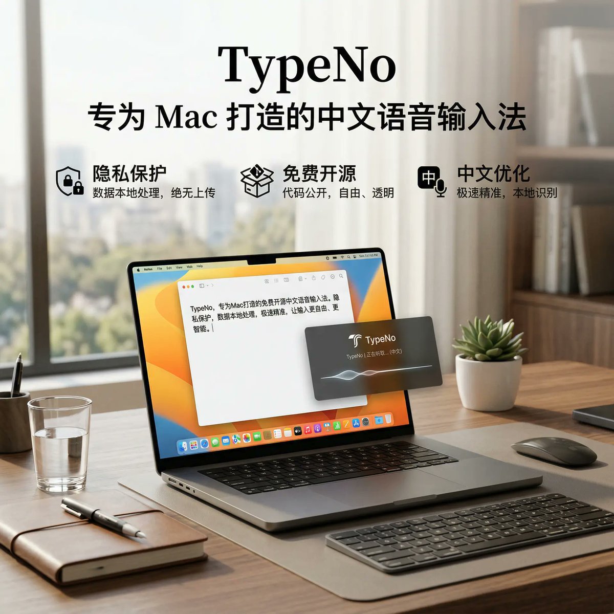 NativeMacApps's tweet photo. TypeNo by @ColaOSofficial is Whisper for your Mac — local voice transcription that pastes instantly into any app, no cloud, no accounts, just mic and accessibility permissions.

#macOS #Swift #OpenSource

🔗 Link in the comments https://t.co/KhphDLb3cW