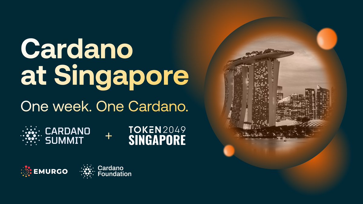 emurgo_io's tweet photo. One Week. One Cardano.

This October in Singapore, Cardano will host the most consequential week on the ecosystem’s calendar. 🇸🇬

@CardanoSummit opens the week on Monday and Tuesday, followed by @TOKEN2049 on Wednesday and Thursday. Both events are in the same city and the same builders will carry one cross-event passport that takes them through both rooms.

It’s a single window in which the entire Cardano ecosystem moves in lockstep. The community Cardano has built will gather first and then, together, reach the markets the ecosystem needs to grow into next.

1/5