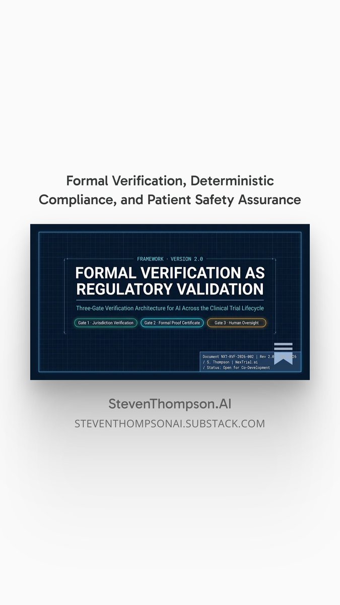 AIwithSteven's tweet photo. Every AI tool in clinical trials can tell you how confident it is.

None can prove what they actually verified.

A confidence interval is a guess with a decimal point. A proof certificate either checks out or it fails.

Published the framework for the second kind this morning. 🧵 https://t.co/K8WZ8tVrFe