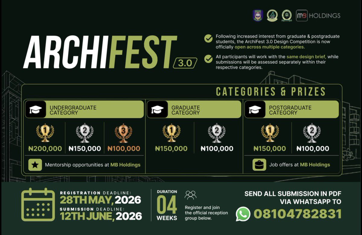 unilorin_archi's tweet photo. In partnership between National Association of Architecture Students (Unilorin chapter) and MB Holdings, the ArchiFest 3.0 Annual Design Competition is now officially within the Unilorin community open across three categories;

• Undergraduate
• Graduate
• Postgraduate https://t.co/hTROSnd7oL