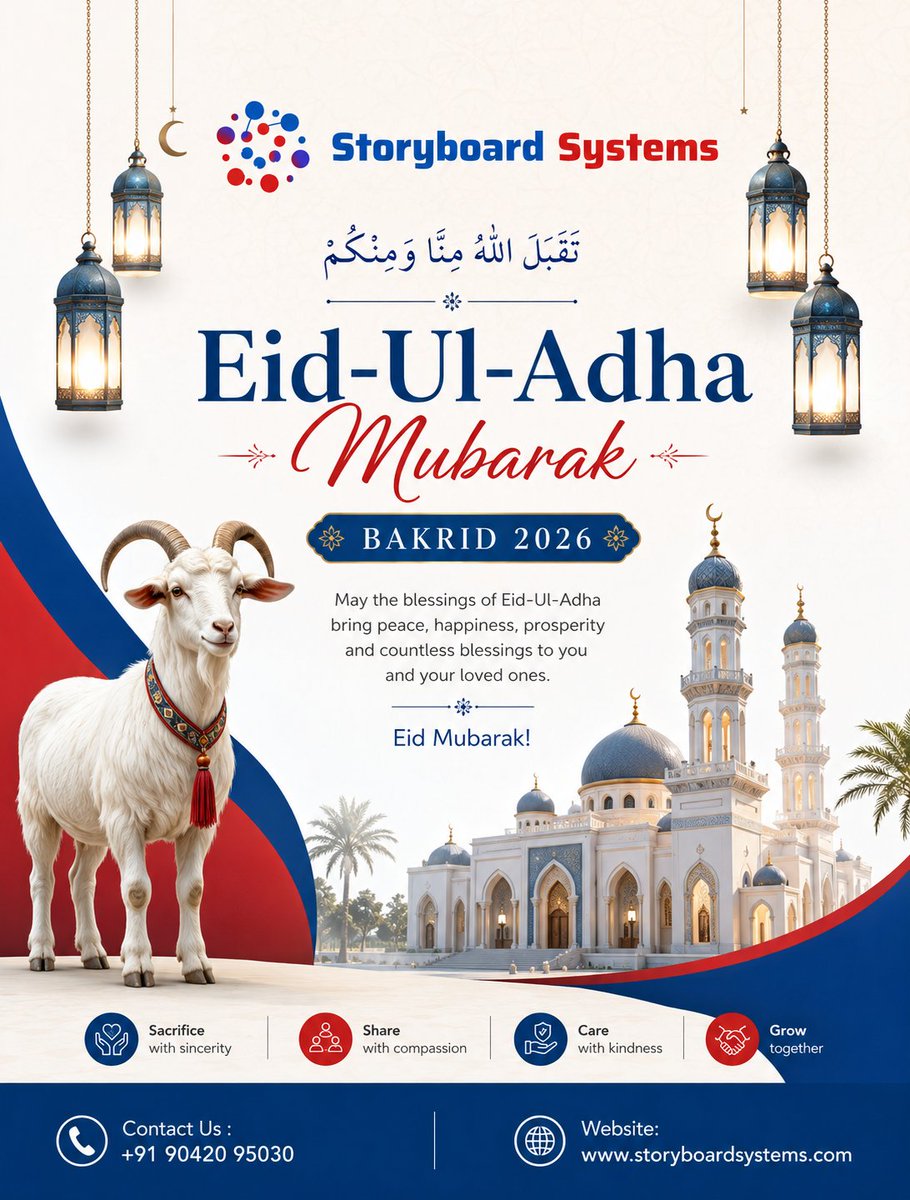 vcidex's tweet photo. 🌙 Eid-Ul-Adha Mubarak from Storyboard🤍🐐

May this blessed Bakrid bring peace, happiness, prosperity &amp; endless blessings to you and your family 🌙✨

📞 Contact Us: +91 90420 95030 | 🌐 https://t.co/Mt2wTtzA89

#EidMubarak #Bakrid2026 #EidUlAdha #FestivalGreetings #BakridWishes https://t.co/EN0OcOeU9R