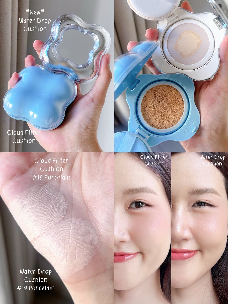 moonmoonreview's tweet photo. คุชชั่น Etude ออกน้อง Water Drop สูตรใหม่ สมชื่อคุชชั่นหยดน้ำ ผิวฉ่ำสวยมากกกก เค้าผสมสกินแคร์ 85% เลย ฟินิชผิว semi-glow แต่ปกปิดดีงาม ชอบตรงตาข่ายไฮบริด ช่วยกักเก็บความชุ่มชื้นของคุชชั่นได้ยาวนาน นี่มาเทียบกับรุ่นก้อนเมฆให้ดู จะมีความชุ่มชื้นกว่าจริงๆ แต่ผิวสวยทั้งคู่นะ! https://t.co/e3HFWg6wAZ