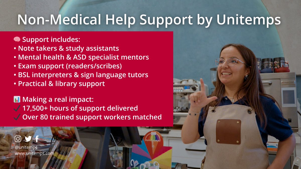 Unitemps's tweet photo. 🎓 Supporting students shouldn’t be complicated. Unitemps provides Non-Medical Help (NMH) to help disabled students thrive at university, with over 10 years of experience across the UK.

Learn more https://t.co/6B6QQR0ea6

#HigherEducation #DisabilitySupport https://t.co/czfcjyAFxN