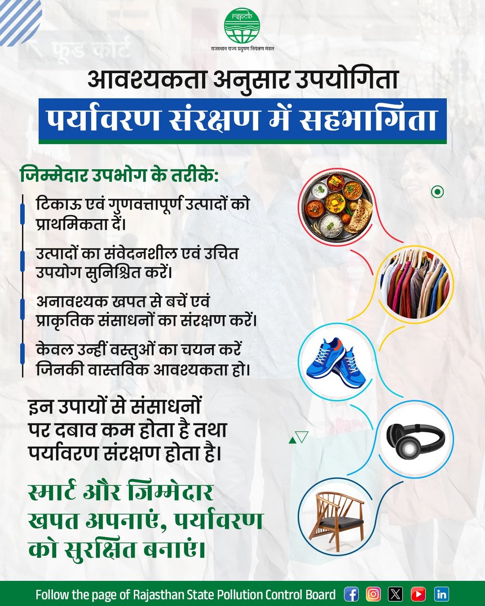 RSPCB_official's tweet photo. स्मार्ट और जिम्मेदार खपत ही पर्यावरण संरक्षण की कुंजी है। केवल आवश्यक वस्तुओं का चयन करें और प्राकृतिक संसाधनों की सुरक्षा सुनिश्चित करें।
#ResponsibleConsumption #SustainableLiving #SmartChoices #SaveResources #CleanEnvironment #EcoFriendlyLifestyle https://t.co/7OInnFD1W4