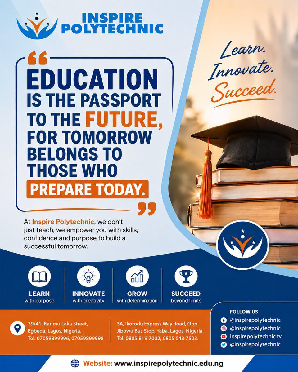 inspirevocation's tweet photo. Get the passport to your future with us at Inspire polytechnic, for tomorrow belongs to those who prepare today. #Dailymotivation #Futurestartshere #Inspirepolytechnic https://t.co/eQYNvoFrXK