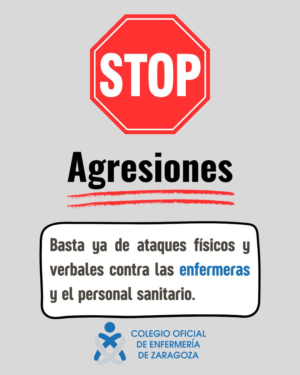 Enfermeria_zgz's tweet photo. 🚨✋🛑Desde el Colegio de Enfermería de Zaragoza (COEZ) queremos condenar de forma rotunda y enérgica las agresiones sufridas por las enfermeras y sus compañeros en los centros de salud de Gallur y María de Huerva durante el pasado fin de semana

#stopagresionesanitarios https://t.co/VsDQyslnkl