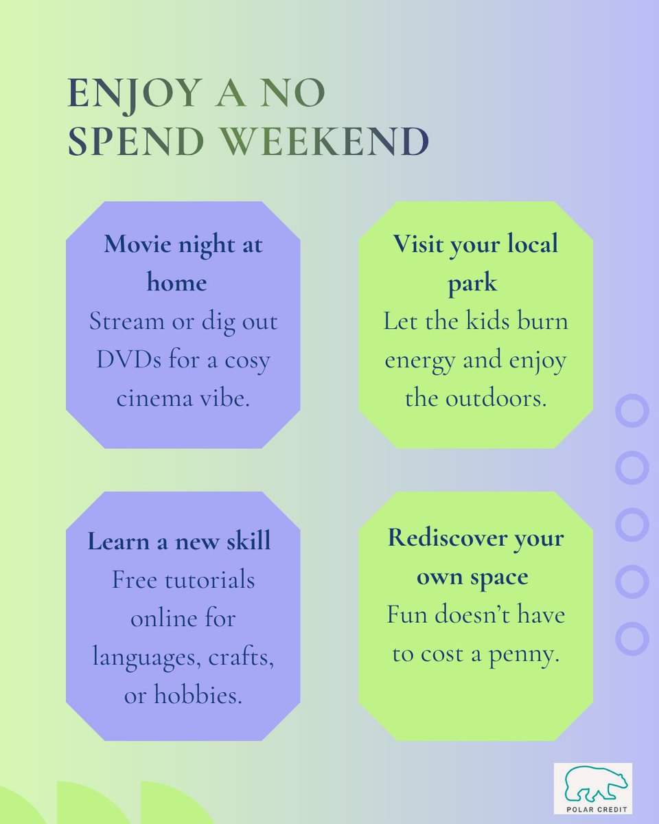 PolarCreditUK's tweet photo. Enjoy a no spend weekend #PolarCredit #Savings #FreeActivities https://t.co/H1nCUPnsHv