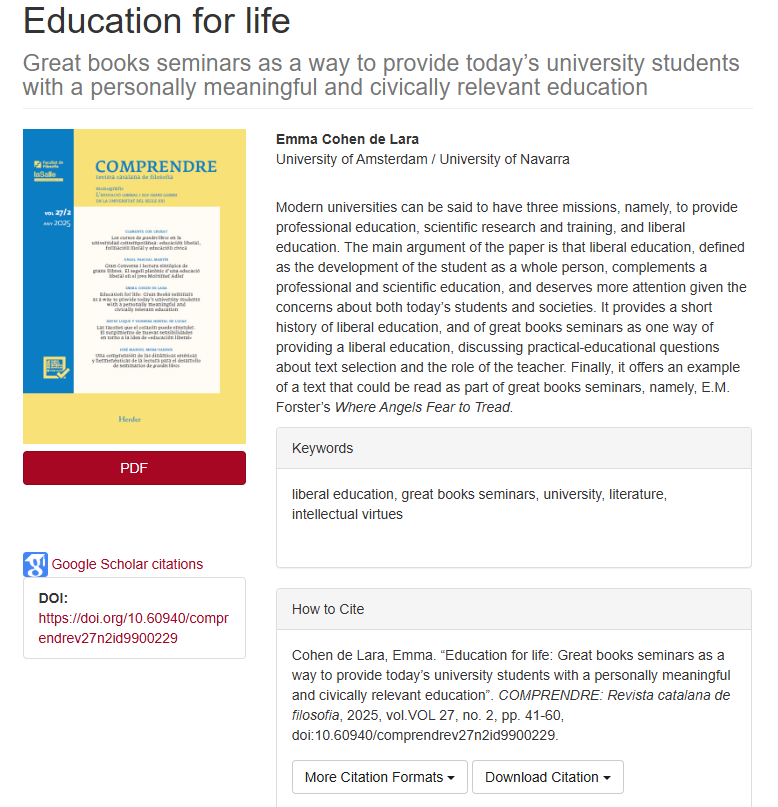 Comprendre_RCF's tweet photo. @EmmaCohendeLara highlights the impact of the great books on the holistic formation of university students in “Education for Life”—now available open access. 📚 

https://t.co/WtCDu4REJu

#HigherEducation #GreatBooks #LiberalEducation https://t.co/ggW4HoDErY