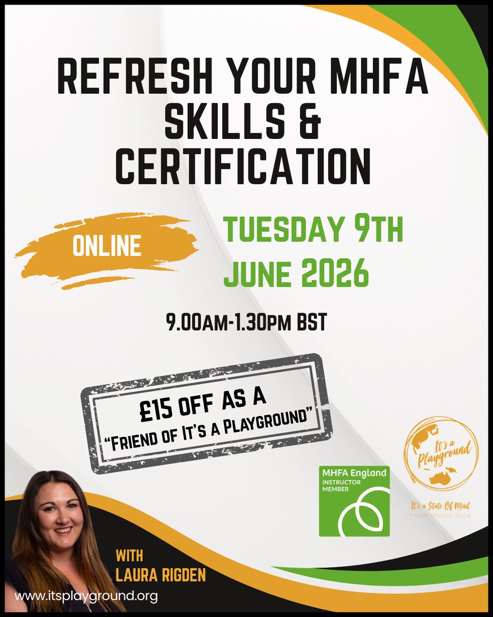 MindPlaySC's tweet photo. 📅 Next Online Refresher Course⠀
🗓️ Tuesday 9th June 2026 
🕘 9:00am–1:30pm (UK time)⠀
Register here: https://t.co/TkWnDDkhF5

If you mention this post and say you're a “Friend of It's a Playground”, you’ll receive £15 off the course fee. https://t.co/1ezbJsCx8A