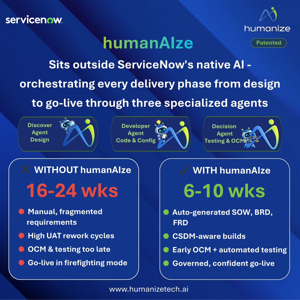 humanizetech_ai's tweet photo. Most @ServiceNow programs don’t fail in development.

They break down between requirements → adoption → go-live.

humanAIze brings AI-led control across design, build, testing &amp; OCM.

From chaos → controlled delivery.

#ServiceNow #AI #humanAIze https://t.co/fe18sdgB8H