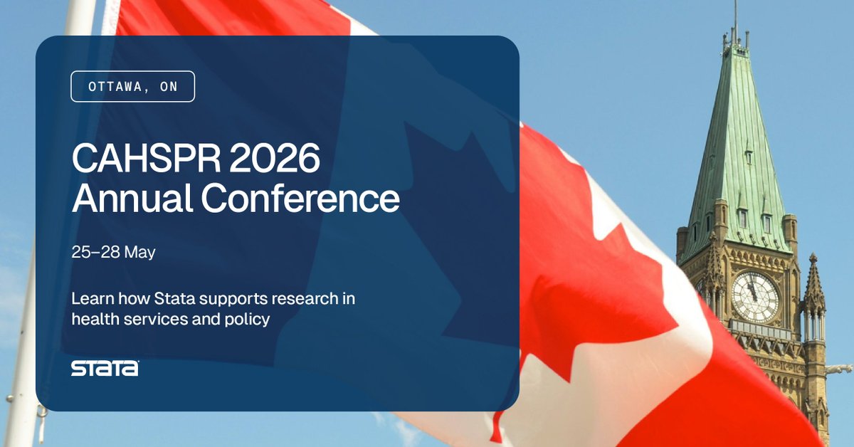CAHSPR's tweet photo. We’re excited to welcome @Stata as a sponsor of the CAHSPR 2026 Annual Conference! Ottawa, ON, 25–28 May. Stop by their booth to connect with the Stata team, talk to their developers, and learn how Stata supports research in health services and policy. #Stata #CAHSPR2026 https://t.co/9e0blGmRzJ