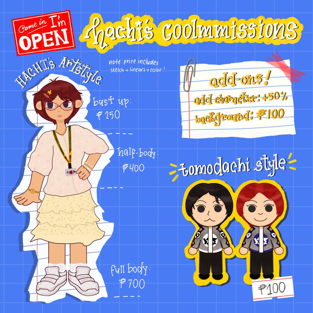 idkgyuwa's tweet photo. [repost]

⋆⭒˚.⋆ hachi’s COOLmissions now open .ᐟ.ᐟ
(reposts and likes are very MUCH appreciated!! 🩷 ദ്ദി ˉ͈̀꒳ˉ͈́ )✧)

hi, everyone! my commissions are open again <33 with new styles, lettering, n more! (๑>◡<๑) https://t.co/YBGbJmH5YW