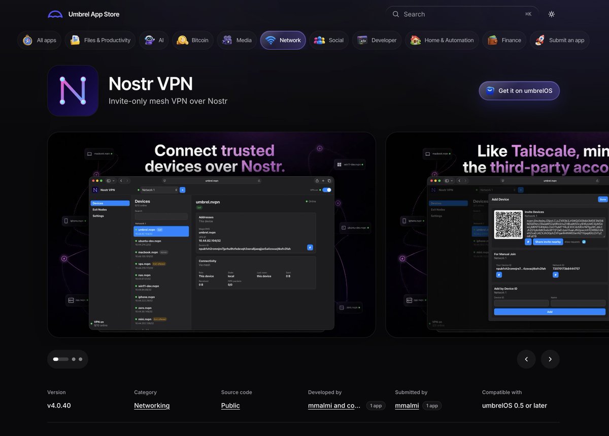 umbrel's tweet photo. Nostr VPN is now live on the Umbrel App Store!

It turns your Umbrel into a private mesh VPN, aka you can securely reach your Umbrel and all your devices from anywhere in the world.

Think Tailscale, but with no third-party company and no central control server in the middle. https://t.co/wTeyo4Mr21