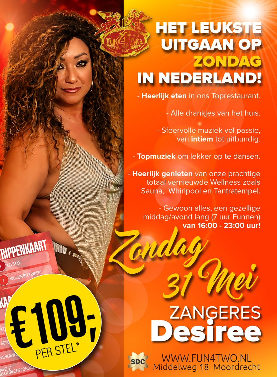clubfun4two's tweet photo. Het leukste uitgaan op zondag in Nederland met deze zondag zangeres Desiree Surie!

Bekijk het hele programma op https://t.co/jRrn8J3zQP

Team Fun4Two
#parenclub #swingersclub #programma #Fun4Two #weekend #party #singleladies #couples #zondag https://t.co/6IVHGcrFiT