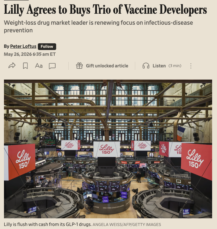 wallstengine's tweet photo. Eli Lilly $LLY agreed to acquire three vaccine developers in deals worth up to nearly $4B combined, per WSJ, using GLP-1 cash flow to expand beyond obesity, diabetes, cancer, immunology, and neurodegeneration.

The deals include:

Curevo: shingles vaccine, up to $1.5B

LimmaTech: bacterial vaccines including staph aureus, up to $780M

Vaccine Co.: Epstein-Barr virus vaccine, up to $1.55B

Lilly says vaccines could become a core focus if the programs pan out.