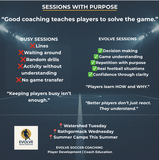 Evolvesoccerco1's tweet photo. A lot of sessions keep players active.

The best sessions help players:
• recognise moments
• solve problems
• make quicker decisions
• play with confidence

At Evolve, every session is designed with purpose ⚽️

📍 Watershed Tuesday
📍 Rathgormack Wednesday
📍 Summer Camps This Summer

#PlayerDevelopment #FootballCoaching #YouthFootball #SoccerTraining
#CoachEducation #EvolveSoccerCoaching #GameUnderstanding

@comeraghamenity @WatershedKK @ckutdfc