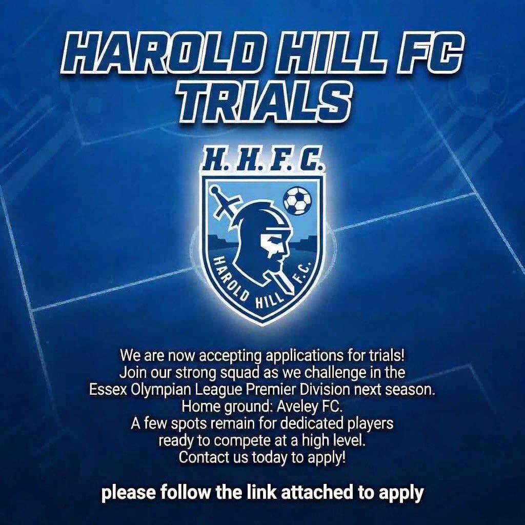 Haroldhillfc's tweet photo. TRIAL APPLICATIONS OPEN:

Our 1st, reserves, vets &amp; Sunday teams are looking for players for next season. 

• 1st team will be playing at Aveley FC
• Reserves/Vets/Sundays at Henderson Harold Hill

Please apply via the link below: 

https://t.co/OBjnbBFkuj https://t.co/z2c0PV8j0l