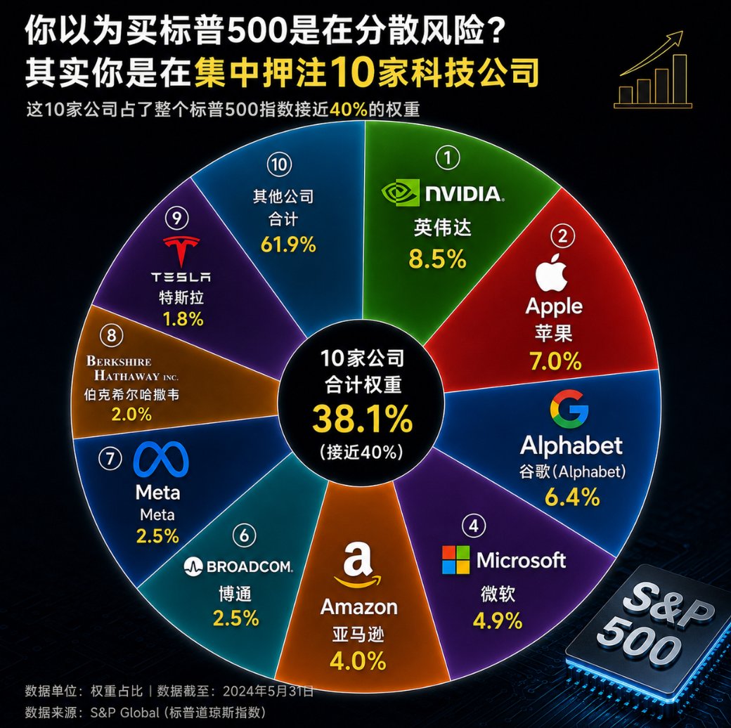 Summer_trading's tweet photo. 你以为买标普500是在分散风险？

其实你是集中押注了9家头部公司。

这9家公司占了整个标普500指数接近40%的权重：

英伟达 — 8.5% 
苹果 — 7.0% 
Alphabet — 6.4% 
微软 — 4.9% 
亚马逊 — 4.0% 
博通 — 2.5% 
Meta — 2.5% 
伯克希尔哈撒韦 — 2.0% 
特斯拉 — 1.8%

这是自互联网泡沫以来，标普500集中度最高的时期。

买指数基金躺赢没错，但你得知道自己真正买的是什么。