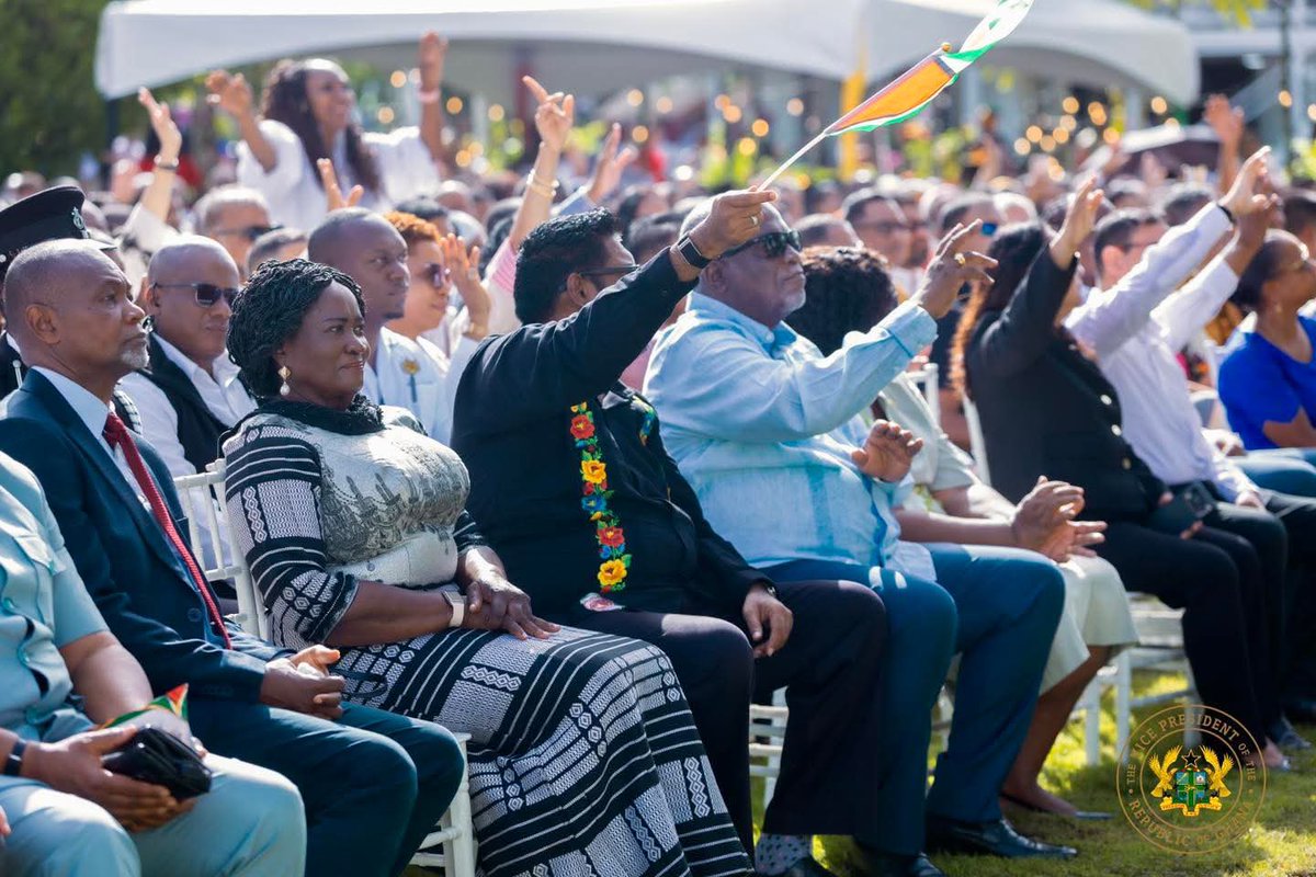 GhanaPresidency's tweet photo. Vice President, Jane Naana Opoku-Agyemang has participated in the Guyana Independence Day celebrations, which began with an interfaith service held on the lawns of the State House.

The solemn ceremony brought together representatives of the Hindu, Muslim, and Christian faiths, alongside members of government and citizens of Guyana. The service served as a moment of national reflection, emphasizing unity in diversity and the shared aspirations guiding the country’s development.

Following the service, the Vice President joined the President of Guyana, the Prime Minister, former Presidents, and other distinguished guests at a private reception hosted at the President’s residence, where discussions and courtesies were exchanged in a spirit of diplomatic engagement and friendship.

#VeepInGuyana 
#ResettingGhana