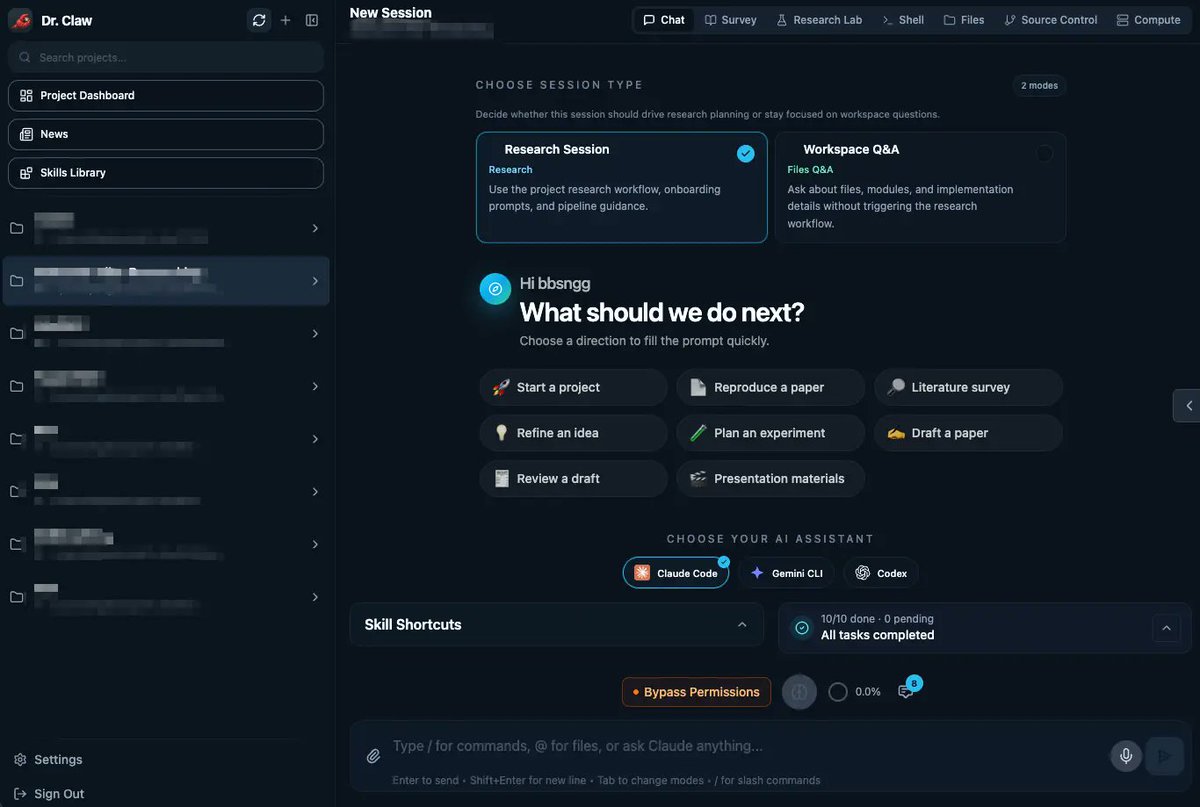 ScriptByAI's tweet photo. Dr. Claw: a free open-source AI research workspace for idea-to-paper workflows.

It supports Research Lab, 100+ skills, Claude Code, Gemini CLI, Codex, OpenRouter, terminal mode, Git tools, and OpenClaw mobile control.

https://t.co/AbpkpZThts https://t.co/MfWEK5Pm0H