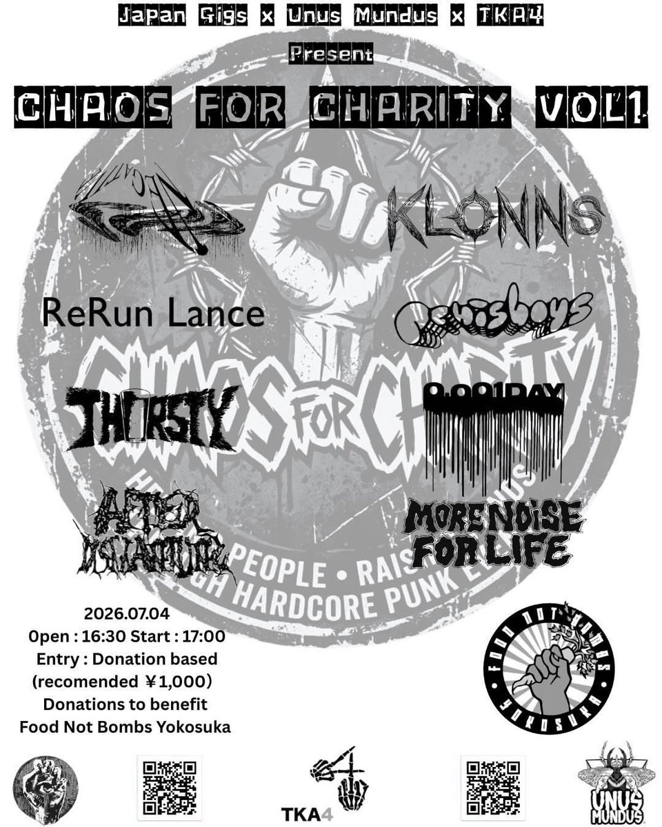 0_001DAY_band's tweet photo. 【New show add!!】
チャリティイベントです!

7/4(土)東高円寺TKA4
Japan Gigs x Unus Mundus x TK4A Present
Chaos for Charity vol 1

More Noise For Life
Afterdismantling
0.001DAY
Thirsty
ReRun Lance 
Penisboys
Klonns
Negative Sun 

Open: 16:30 / Start: 17:00
Entry:寄付制(推奨 ¥1000) https://t.co/ZXuWxDF2sj