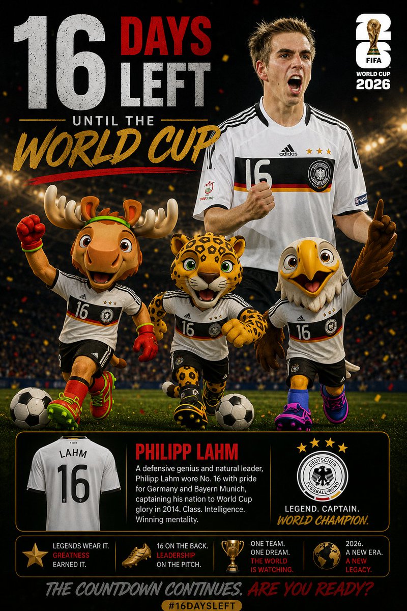 mascots2026's tweet photo. 16 DAYS UNTIL THE WORLD CUP. 🏆🌎

Some players wear numbers.
Some players become the number.

Philipp Lahm made No. 16 legendary with leadership, intelligence, and world champion mentality. 🇩🇪⚽️

The countdown keeps moving.
The noise keeps getting louder.
And the entire football world is starting to lock in for 2026.

Every day the hype grows.
Every day more eyes arrive.
And $MASCOTS keeps showing up. 👀🔥

THE WORLD IS WATCHING.
ARE YOU READY