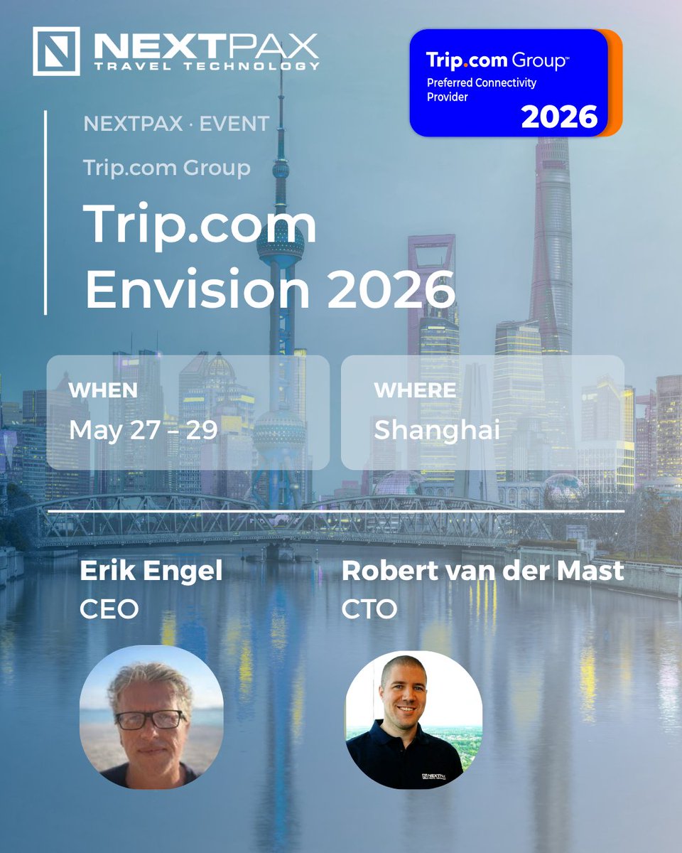 NextPax's tweet photo. @NextPaxis looking forward to joining @Tripcom Envision 2026, where our CEO and CTO will be onsite to discuss the future of connected distribution, AI automation, and secure, API-first partnerships. Will you be in Shanghai for Envision as well? https://t.co/ZlEFXZABTZ