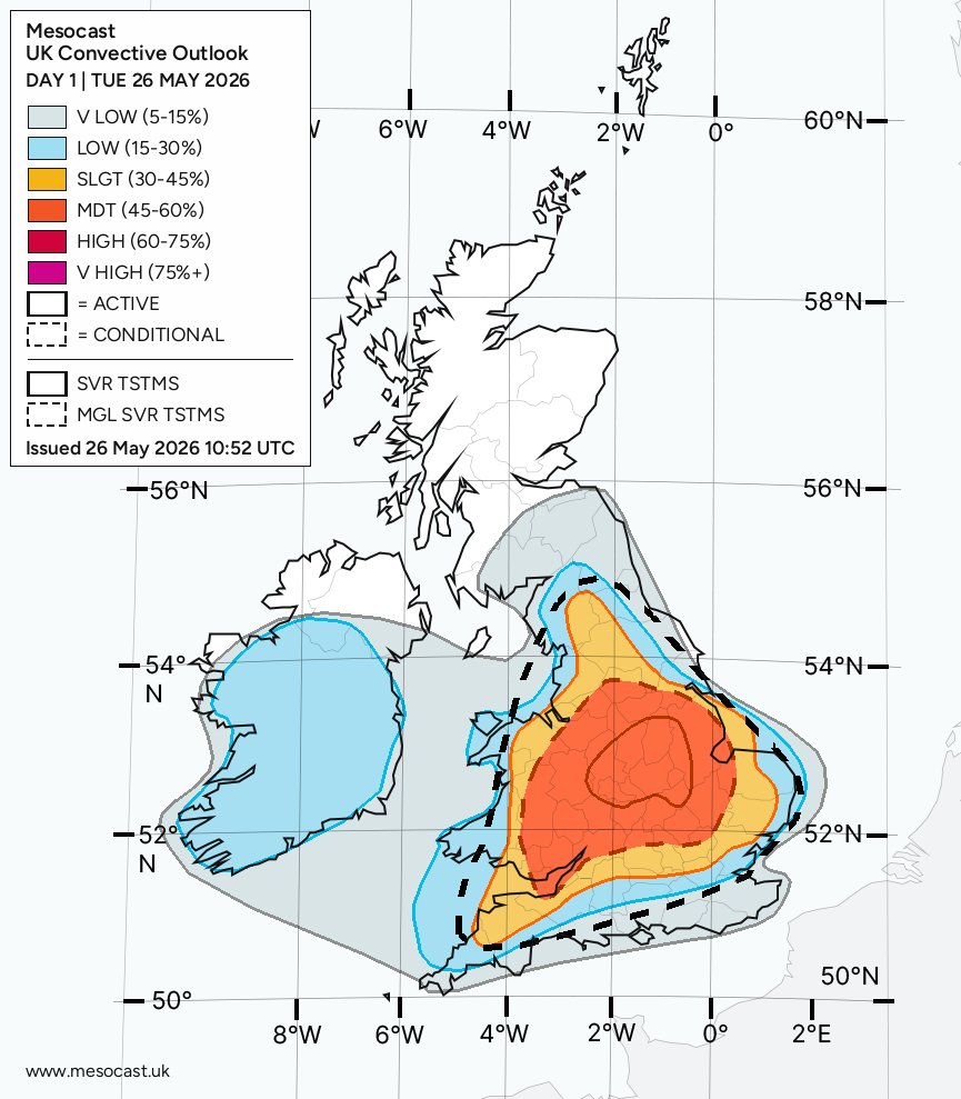 MesocastUK's tweet photo. Re-issue due to date issues.  Please see end of post.

TUE 26 MAY 2026: https://t.co/wnMBE22oiC   

Update 10:40am on TUE 25 MAY 2026 to introduce active higher confidence moderate risk polygon for Birmingham/Leics/Coventry West Midlands areas, East Midlands inc. Nottingham and fringes of Lincs. Lincoln etc. where consistent modelling of convergence heightens confidence.  Elsewhere in immediate surrounding counties a conditional lower confidence moderate risk polygon remains where upgrades to active may occur through the day.   

Slight risk of marginally severe/strong thunderstorms for Tuesday with a moderate conditional polygon in place for the potential for more widespread convective development subject to sufficient triggers/conditions being met.  Regardless of conditionality, slight is in place and some strong thunderstorm dev. expected with possibility of intense very slow moving downpours + attendant flash flood risk, very frequent lightning, hail upto 2cm in diameter, locally damaging wind gusts to 50mph.  Brief spins up and rotation can not be ruled out, although these likely to be weak.  There is the potential for very strong thunderstorms on Tuesday with particular forcus across the Midlands/poss. areas close to Linc. + Wash area too.

A big thank you to Jonathan Trigg @ApexPredator35 for pointing out discrepencies in the date both as a typing area and actually written into the graphic.  This was a softwware bug we were unaware of, so thank you.  You're a star! ⭐️