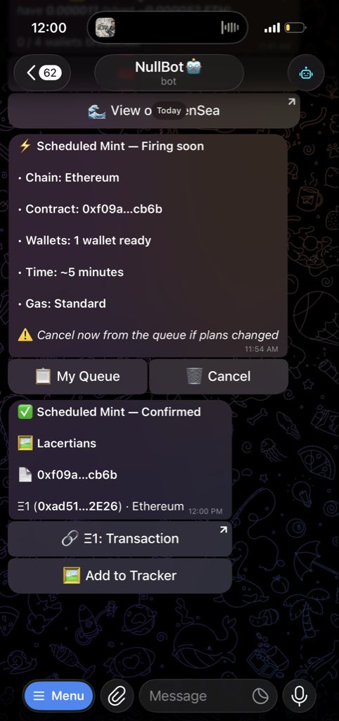 onchainghostt's tweet photo. minting made easy with @nullnft_bot scheduler 

scheduler triggers instantly, delivering speed, precision, and smooth execution every time https://t.co/0JJCZDTUNz