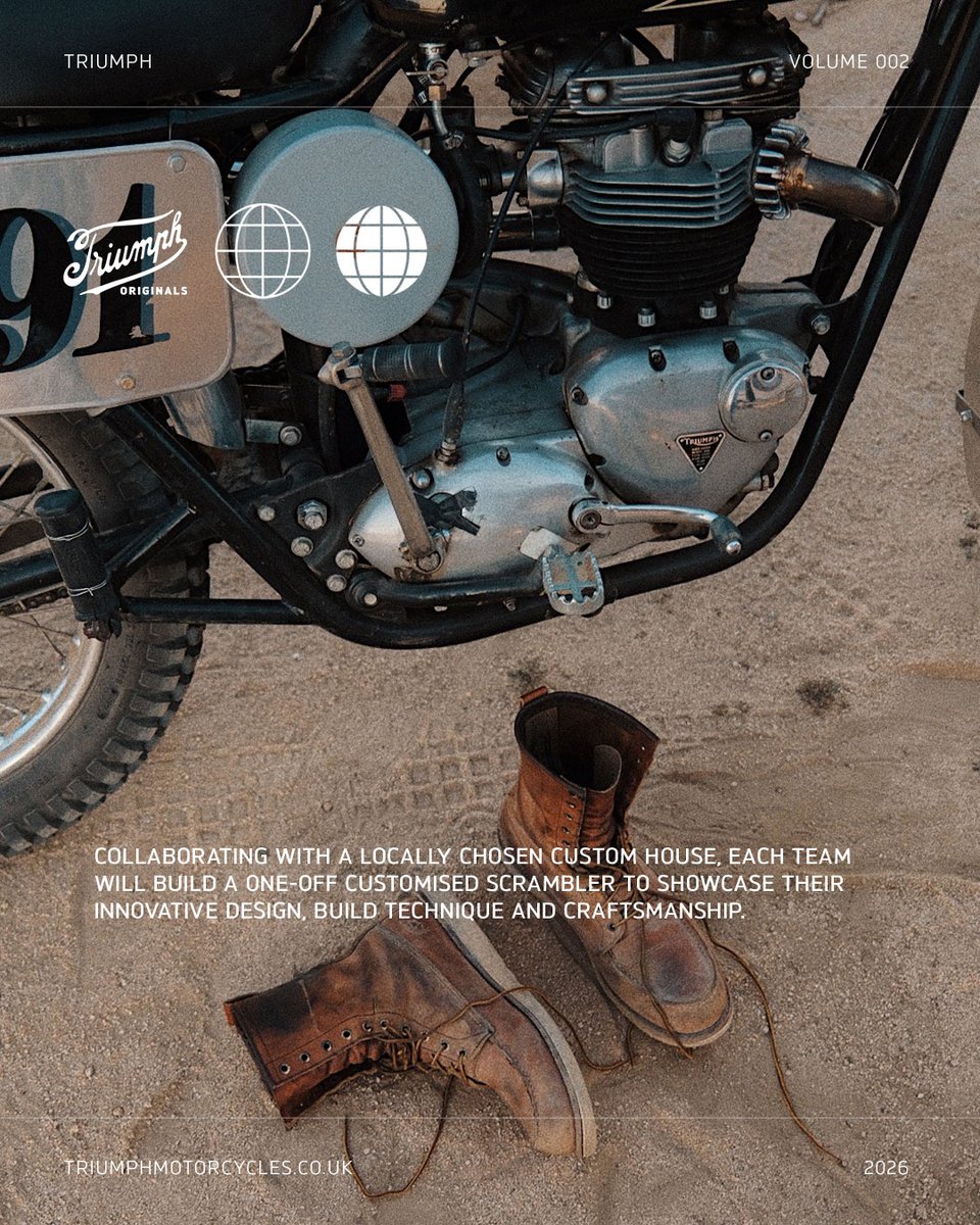 TriumphJapanKK's tweet photo. Triumph Originals、今年も始まります。

7カ国。7台の唯一無二のカスタムTriumph。そして、ひとつのテーマ―― "Time Capsule"。

世界各地のカスタムビルダーが、革新的なデザインと職人技でScramblerを作り上げていく。その独創性と興奮を、ぜひお見逃しなく。 https://t.co/QSlwq8PoHG