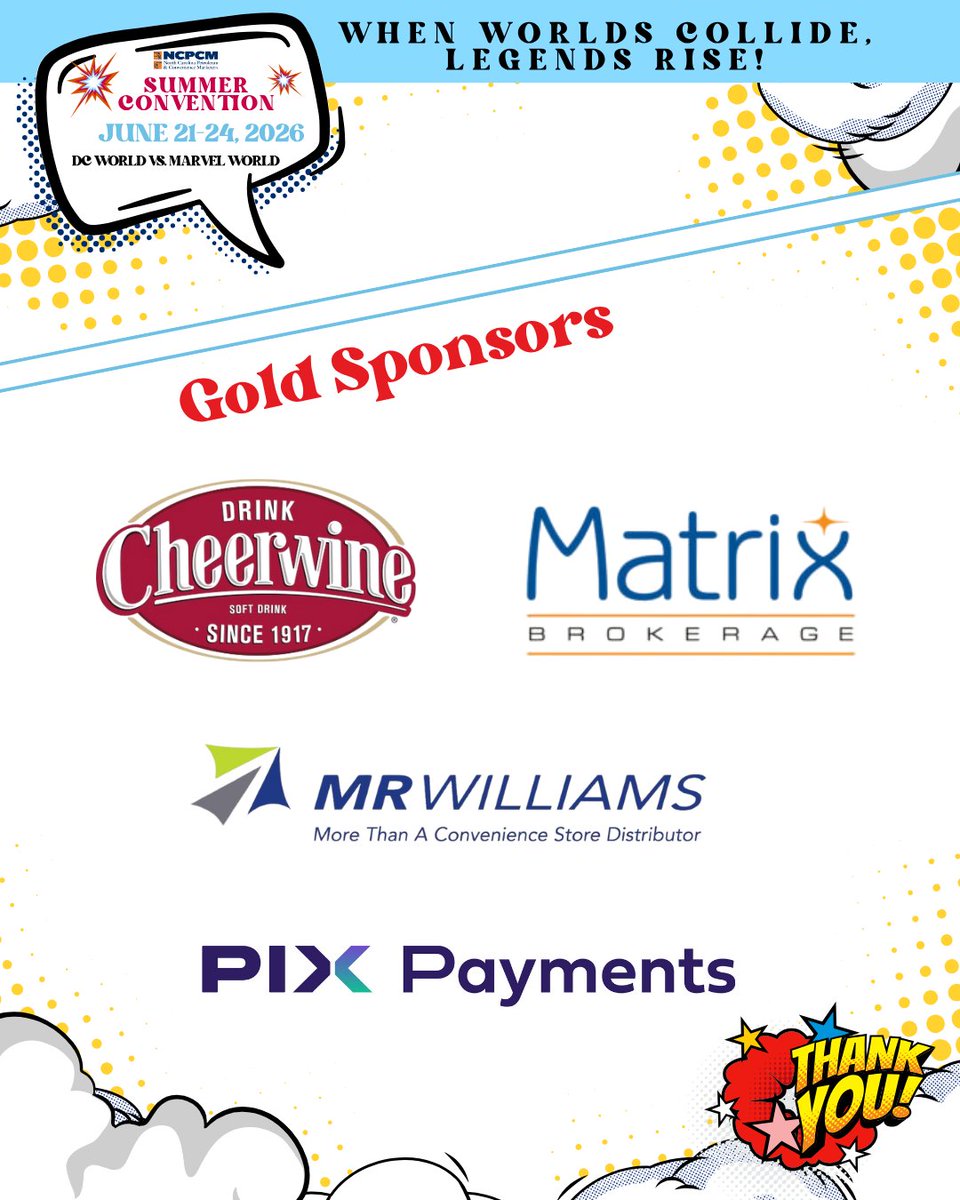 NCPCM's tweet photo. 🏅⚡ Celebrating Our Gold Sponsors! ⚡🏅 Thanks to our Gold Sponsors powering the 2026 NCPCM Summer Convention! ⭐ Cheerwine - Carolina Beverage ⭐ Matrix Brokerage ⭐ M.R. Williams, Inc. ⭐ PIX Payments #NCPCM2026 #WhenWorldsCollide #GoldSponsors #NCPCM #ThankYouSponsors https://t.co/lDGx1a28Hf