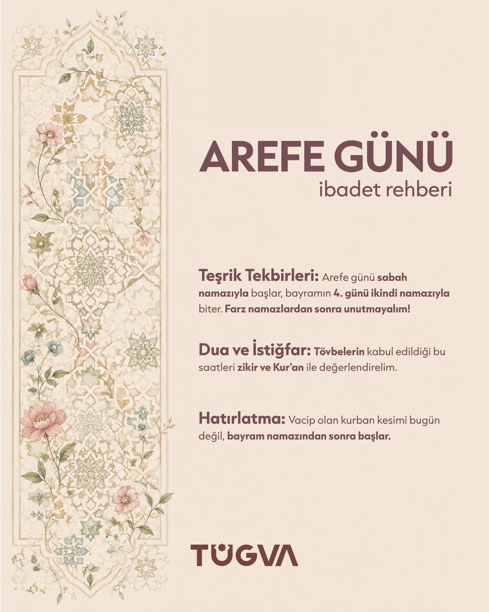 tugvaTR's tweet photo. 📌 Arefe gününün manevi iklimini nasıl değerlendireceksin?

📌 Bugünün bereketini hangi ibadetlerle taçlandıracaksın?

📌 Dualarını, oruçlarını ve niyetlerini nasıl hazırlayacaksın?

📌 Arafat’ta yükselen milyonlarca duaya sen nasıl ortak olacaksın?

📌 Rahmet ve mağfiret kapılarının ardına kadar açıldığı bu günü nasıl geçireceksin?

Arefe gününü en güzel şekilde değerlendirmek için Arefe Günü Rehberi’ni mutlaka oku. 🤗
