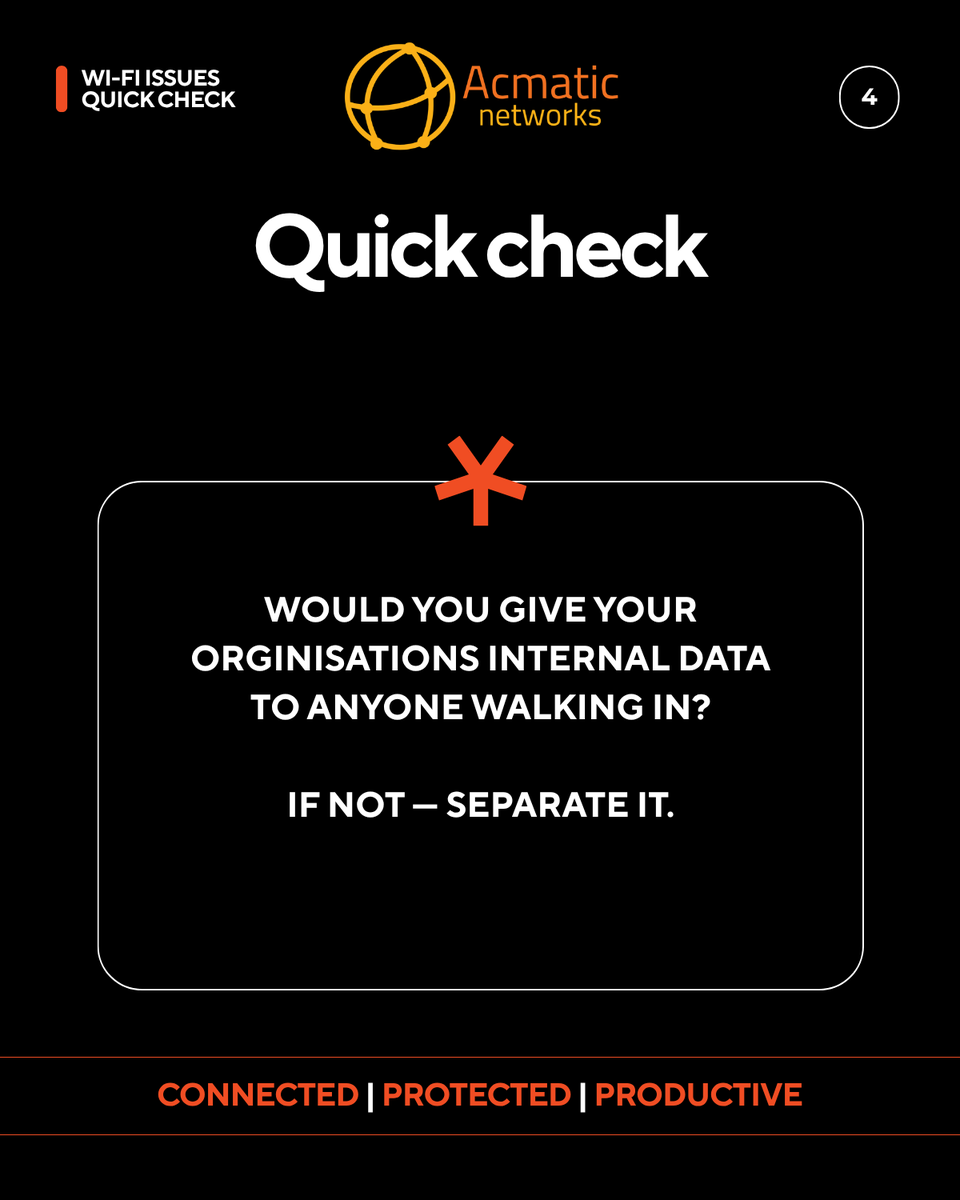 AcmaticNetworks's tweet photo. Is your guest Wi‑Fi secure? 🛡️ Keeping guest networks separate is a simple yet crucial step to protect your business data. Ensure your visitors stay connected while your internal systems remain safe. Need help setting it up? Let's chat! #AcmaticNetworks #SecureWiFi https://t.co/kDgqRvbxDK
