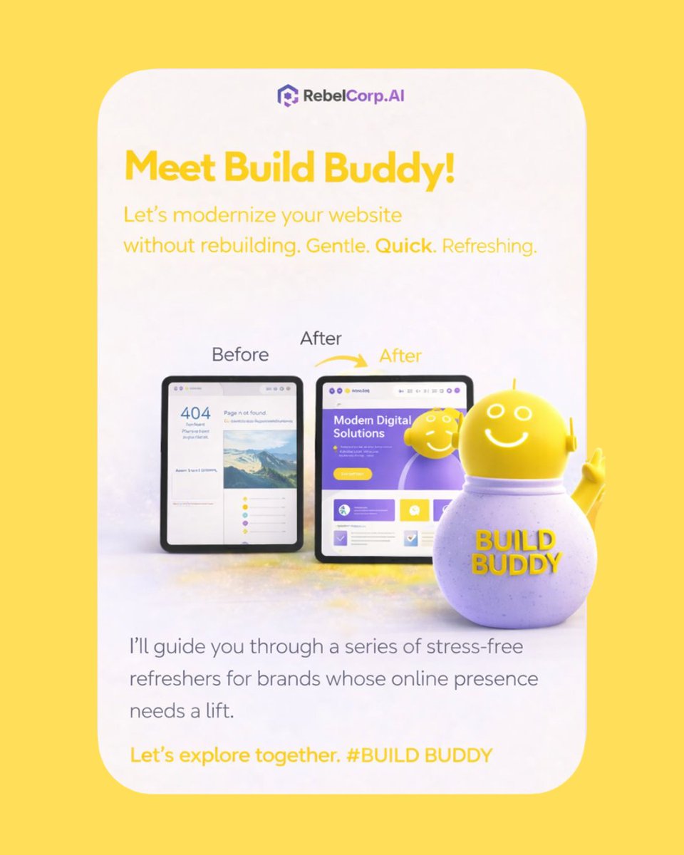 RebelCorp_'s tweet photo. Your website still works… but does it still impress?

Meet Build Buddy, your gentle guide to modernizing your website without rebuilding from scratch. No teardowns, no chaos, just smart, stress-free upgrades.

Powered by @rebelcorp.in, a no-code, drag-and-drop builder that lets you refresh your design, update your content, speed things up, and level up your online presence, all without touching a line of code.

Build Buddy will walk you through every feature you need to give your website a modern glow-up, one post at a time.

Follow along and give your website the glow-up it deserves.

#ModernizeYourSite#BuildBuddy#WebsiteGlowUp#NoCode