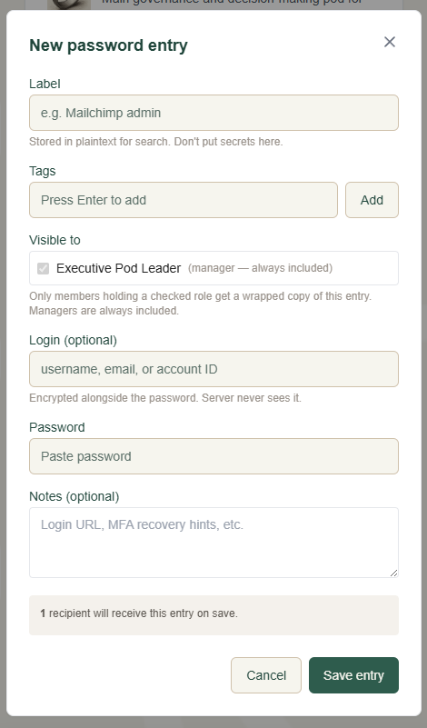 riversmind's tweet photo. Every pod on @thespiritdao  now has an end-to-end encrypted password vault. Encrypted in your browser before it hits our servers — we can't read your credentials even with full database access. Keys rotate automatically when someone leaves. No more shared logins living in DMs. https://t.co/rb4WlsFX7R