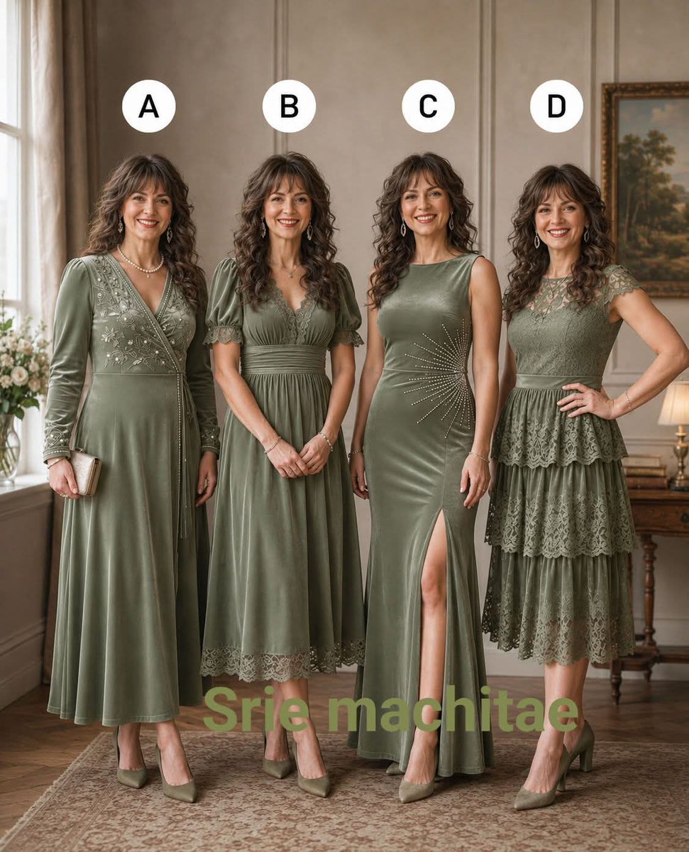 Eman_8282's tweet photo. If you had to choose, would you be team A, B, C, or D? Which sage green dress is the most elegant to wear to a party, wedding, or a beautiful dinner? 🌿💚👗💃 https://t.co/MIZ4DrxQ8j