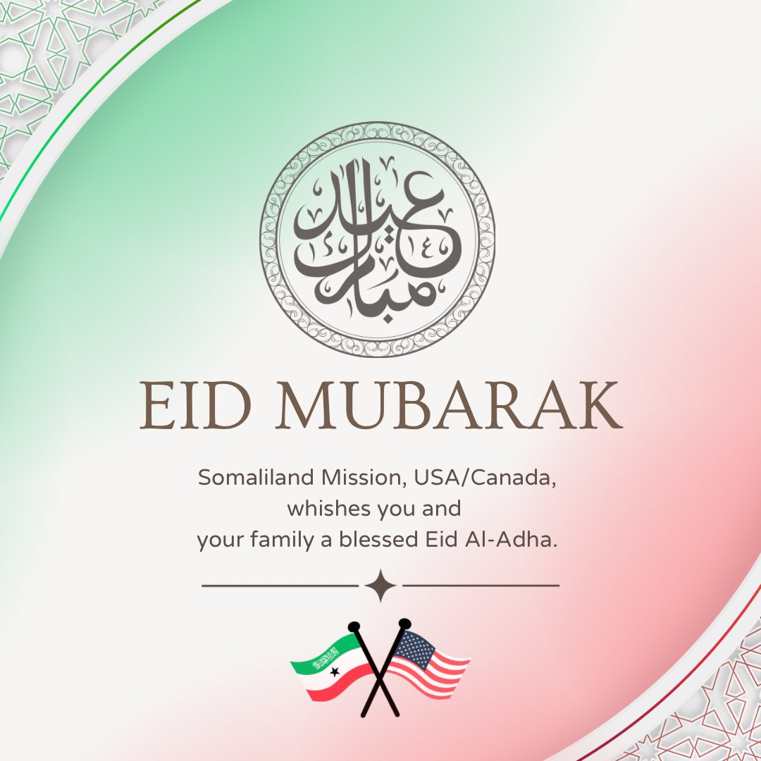 SomalilandUS's tweet photo. On the occasion of Eid Al Adha, The Somaliland Mission to the USA &amp; Canada wishes you Happy Eid Al Adha.

Eid Mubarak. https://t.co/2PGD1bRRNQ