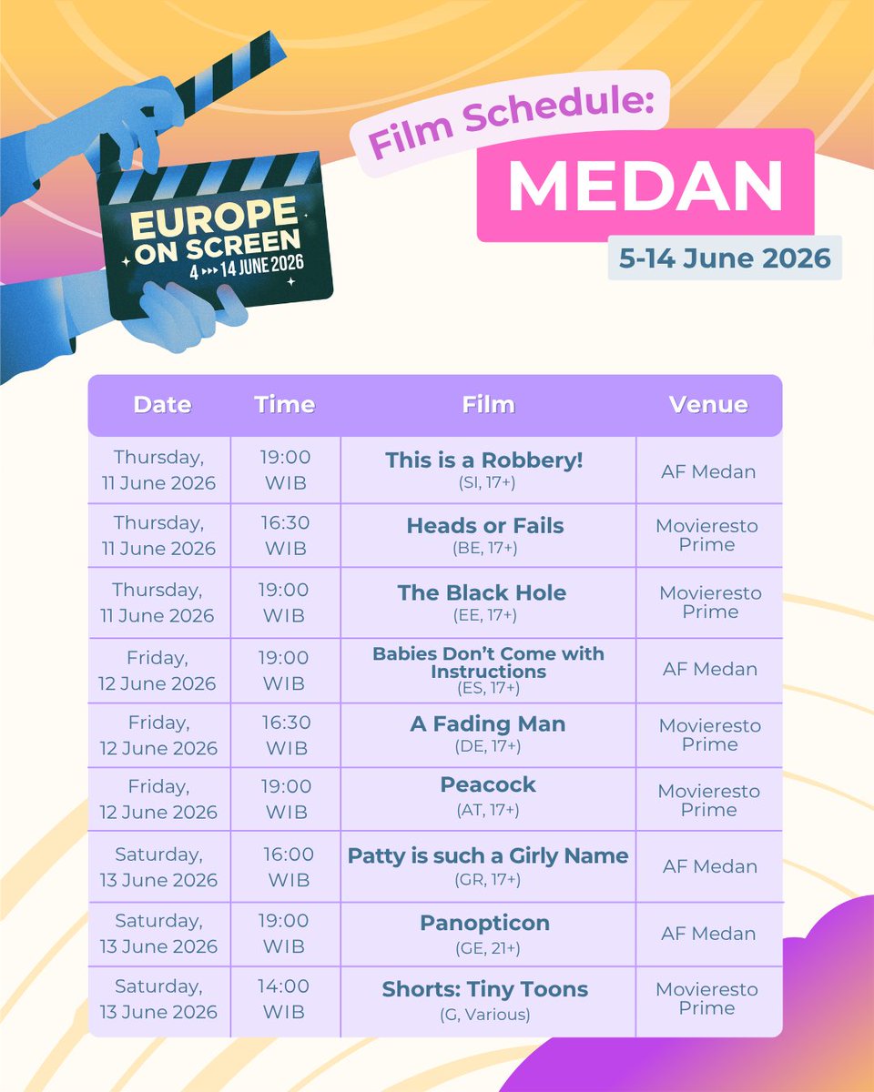 EuropeonScreen's tweet photo. #EoS26 in MEDAN π¬πΏπ€©
EoS Friends, don't miss #EuropeOnScreen on 5-14 June 2026 at @AF_Medan @UMSUMedan
See you at the festival!!!
@uni_eropa
#FilmFestival #FilmScreening #PemutaranFilm #InfoEvent #InfoScreening https://t.co/Er806fK9eY