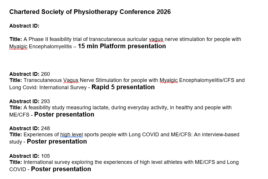 ClagueNjc36's tweet photo. Well done @KGLeslieWriter @ElaKlaveness @NiamhLHeeran @EleanorMg01 for successful abstracts at the @thecsp conference 2026. Spreading the word about #ME/CFS and #Longcovid. Thank you to all people with #ME/CFS and #Longcovid who took part in all the studies. https://t.co/0nqti0QEcP