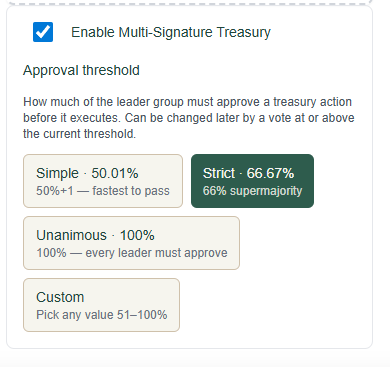 riversmind's tweet photo. Pod treasuries on @thespiritdao  no longer share one approval rule. Choose simple majority, supermajority, unanimity, or any custom threshold at creation. 51% floor enforced at the smart contract level. Three rounds of security review. The threshold changes by its own rules. https://t.co/evh9nngEuu