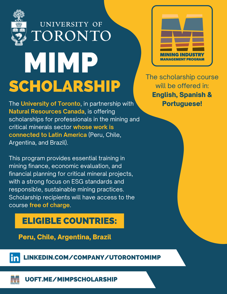 EmbCanChile's tweet photo. 🚨 Beca en minería 🚨
La U. de Toronto y NRCan ofrecen becas completas para un curso 100% online sobre proyectos de minerales críticos.
Dirigido a profesionales en 🇨🇱🇵🇪🇦🇷🇧🇷
📅 Postula hasta el 30 de junio
🔗 https://t.co/ffIm0bQRkJ https://t.co/iOKxKIDoWw
