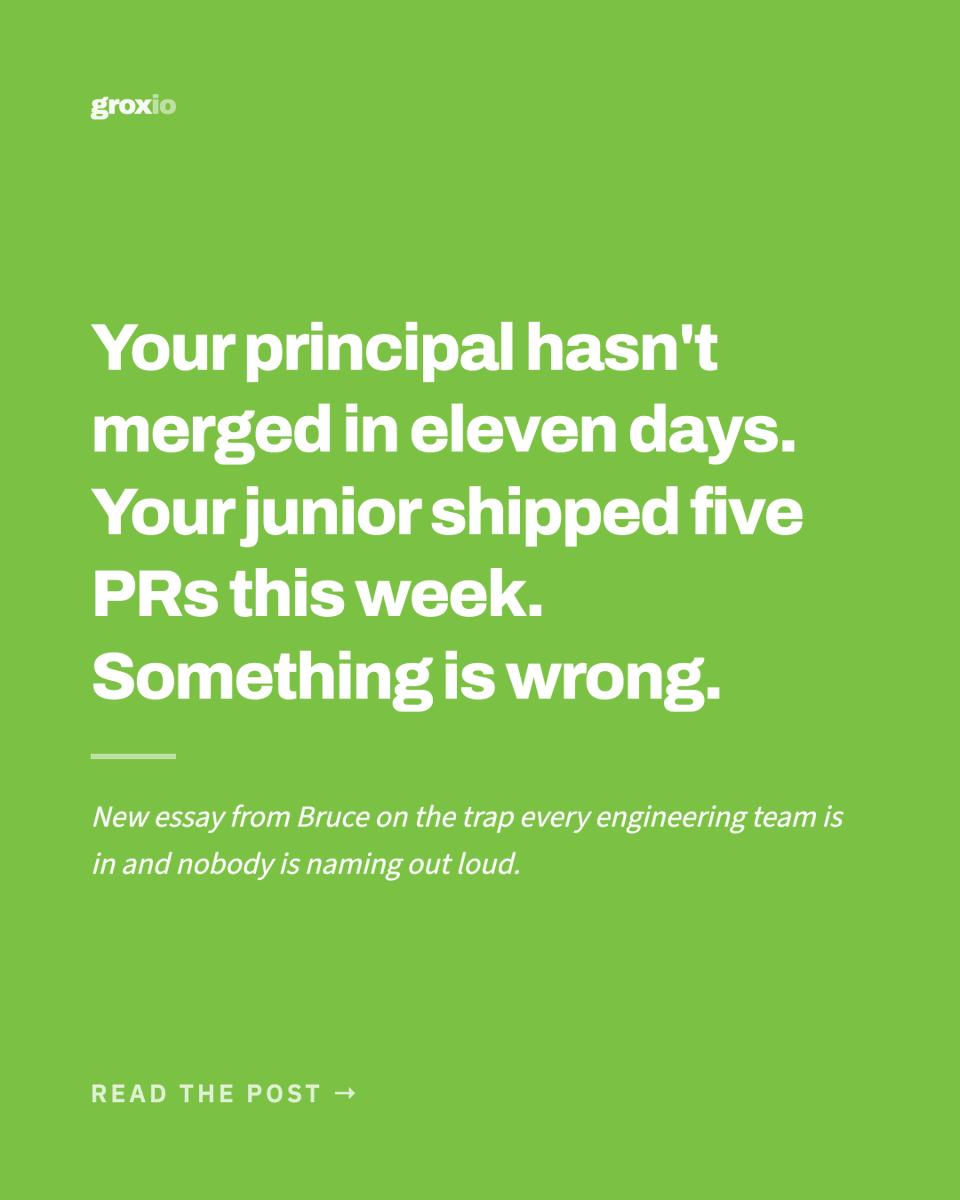 GroxioLearning's tweet photo. This is the shape: velocity up, judgment thin, juniors stuck, seniors flinching, dashboards counting the wrong thing. @redrapids names it, and names the pact every team has to make before the next sprint spends the dividend. 
https://t.co/zUzTJprcQp
#ElixirLang https://t.co/LnkVRdW0yl