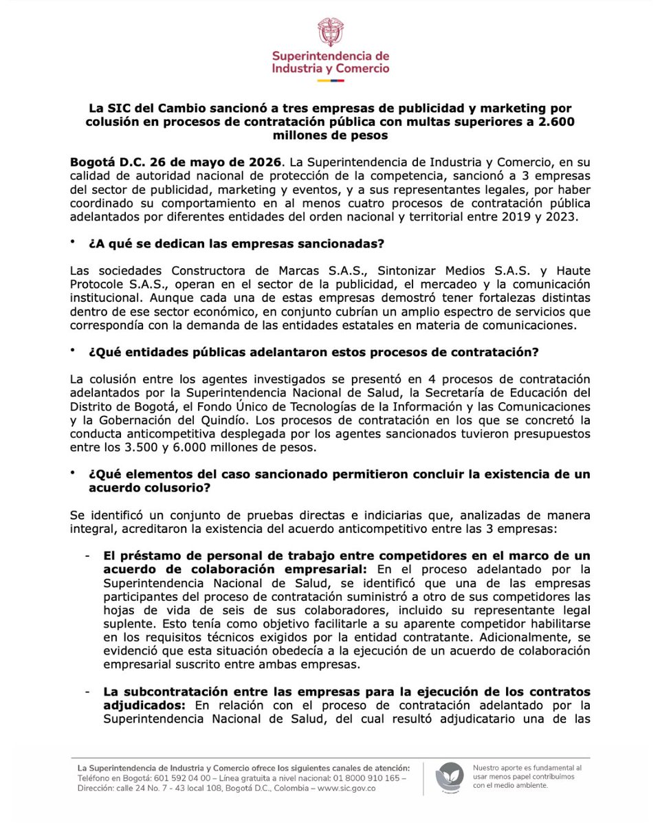 sicsuper's tweet photo. #Atención🚨#LaSICDelCambio sancionó a 3 empresas de publicidad, marketing y eventos por coludirse en procesos de contratación pública entre 2019 y 2023. Las multas superan los $2.600 millones por afectar la libre competencia en contratos estatales. https://t.co/YkOYqRxh4i