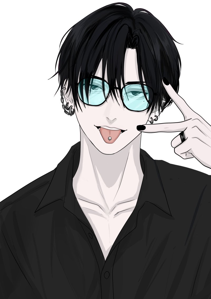「真面目そうな黒髪メガネ男子が実は舌ピしてるのとか好きです 黒縁メガネとカラーサン」|rabbitのイラスト