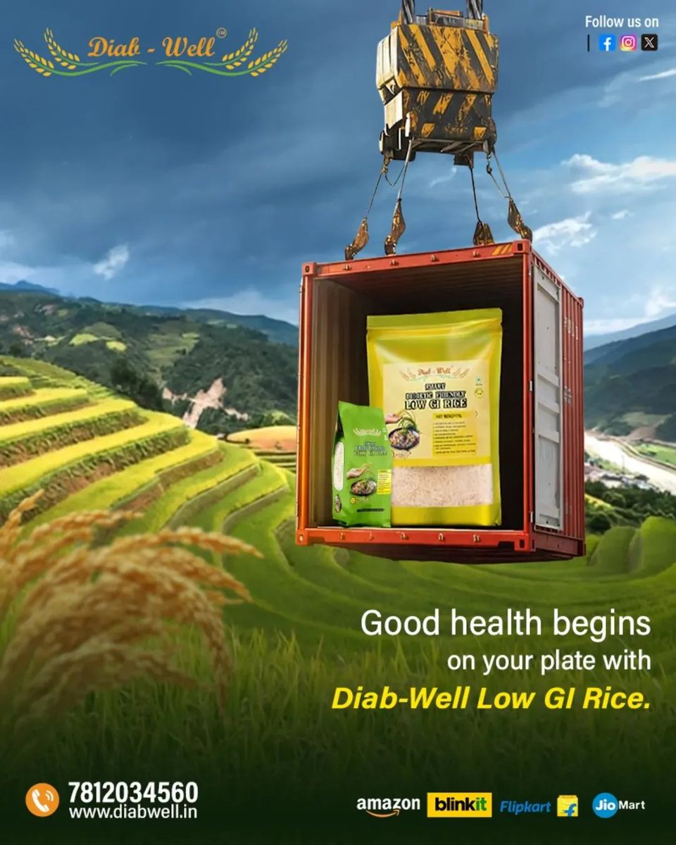 DiabWell_Rice's tweet photo. 🌾 Good health starts with smart eating! 🍚
Choose 𝗗𝗶𝗮𝗯-𝗪𝗲𝗹𝗹 𝗟𝗼𝘄 𝗚𝗜 𝗥𝗶𝗰𝗲 for balanced sugar levels &amp; healthier living. 💚

📞 7812034560
🌐 
🛒 Amazon | Blinkit | Flipkart | JioMart

#DiabWell #LowGIRice #HealthyLiving #SmartEating https://t.co/hrU7LMSRTz