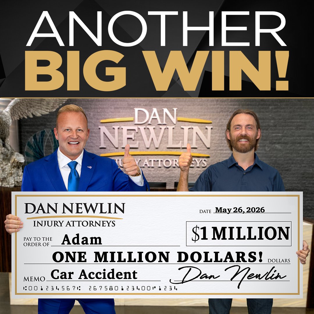 NewlinLaw's tweet photo. Another Big Win of $1,000,000 for Adam! Winning Big every single day for Accident Victims. Billions Won for our Clients has been a great honor. In a Wreck and Need a Check? Call (407) 888-8000 or Click https://t.co/AKv1T9sR6c and let's get started! https://t.co/vgVlrfn1tx